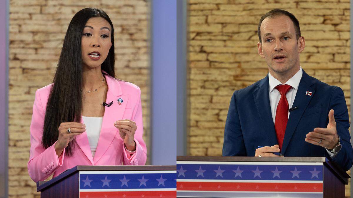 Lily Wu, left, and Brandon Whipple take part in a debate at the KAKE news studio. The election that will decide Wichita’s next mayor is November 7.