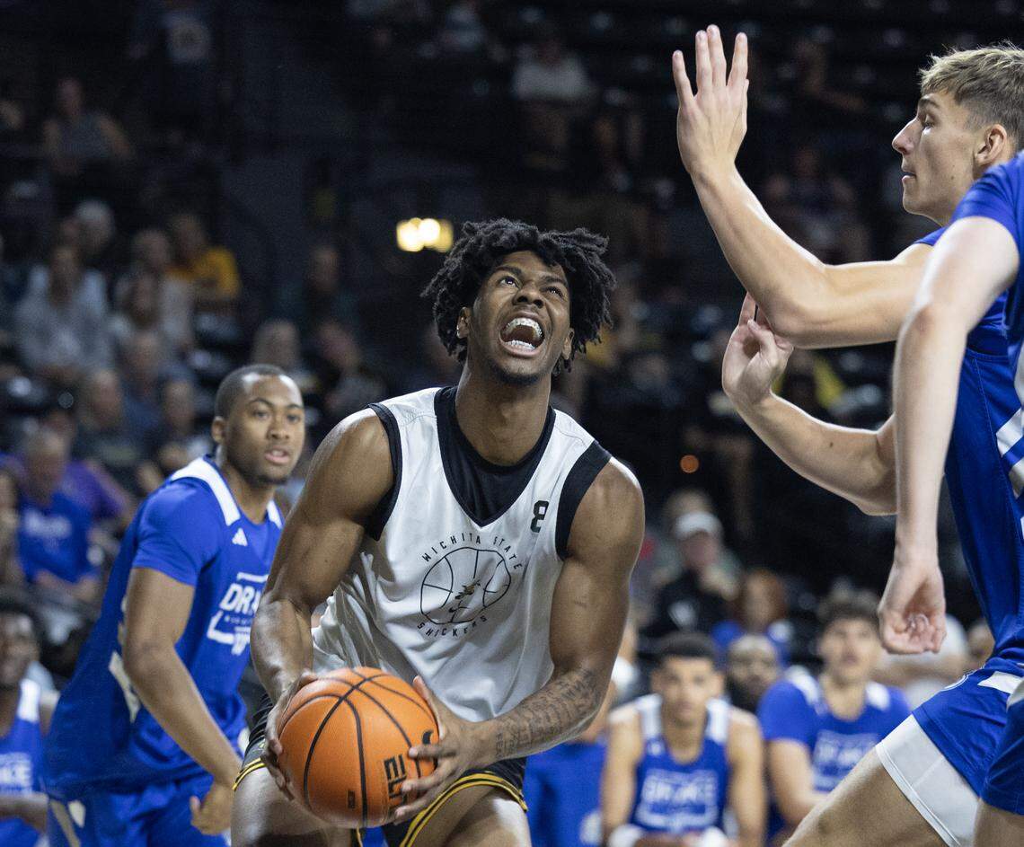 Wichita State sophomore forward Dillon Battie goes up for a shot against Drake in a scrimmage at Koch Arena.