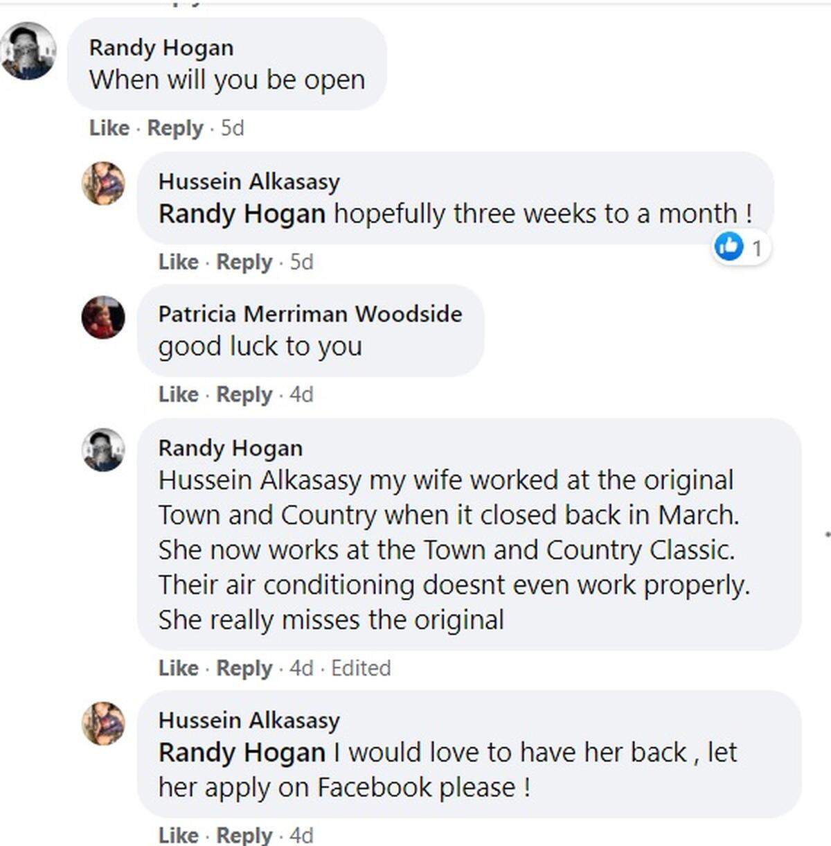 An exchange on the new Town and Country Wichita Facebook page