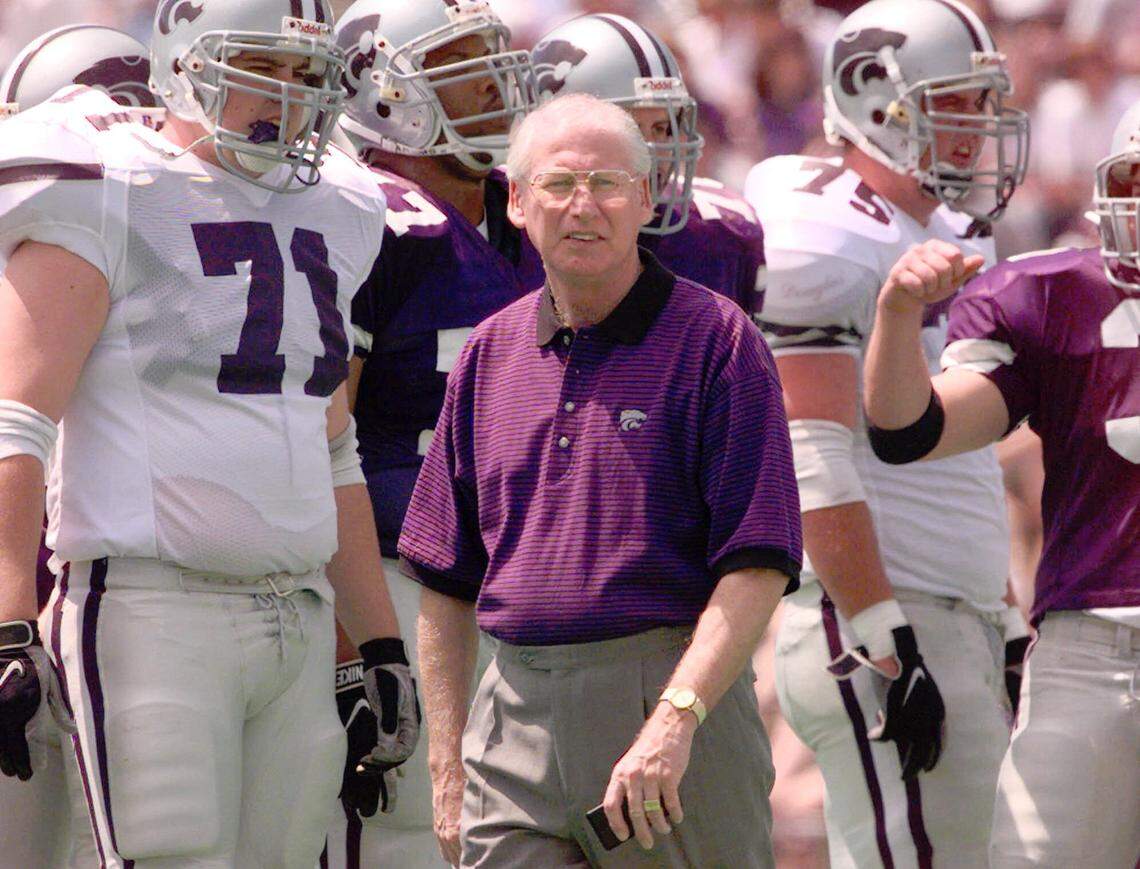 Kansas State coach Bill Snyder paces the sidelines during the Wildcats spring football game Saturday, May 1, 1999, in Manhattan, Kan. (AP Photo/Orlin Wagner)