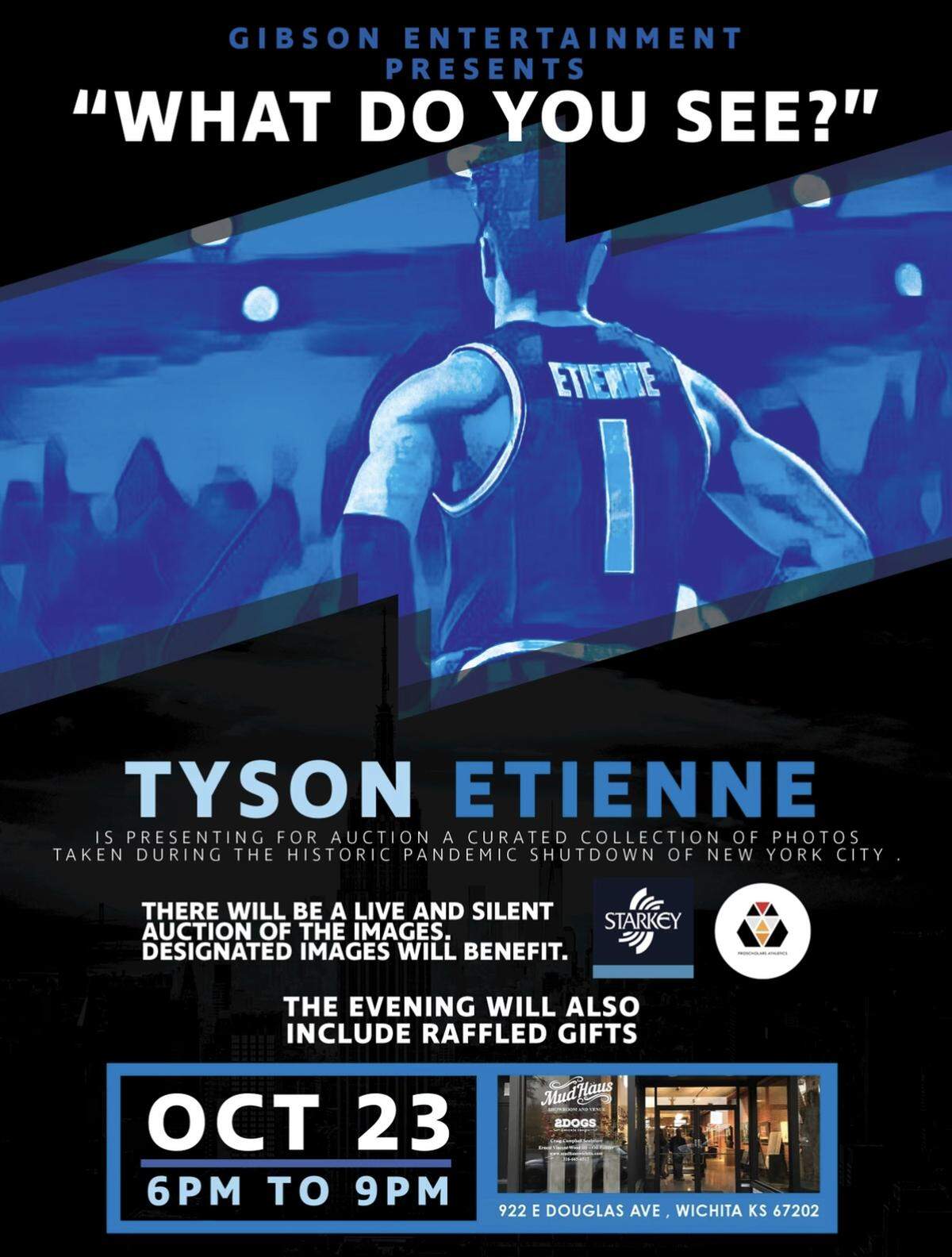 The flier for Wichita State’s Tyson Etienne’ charity art gallery hosted at Mud Haus on October 23 from 6-9 p.m.