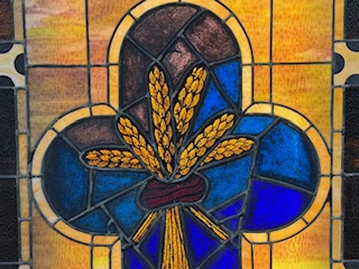 A detail of a lighted stain glass piece that will decorate the upper level of the new Prost restaurant in downtown Wichita