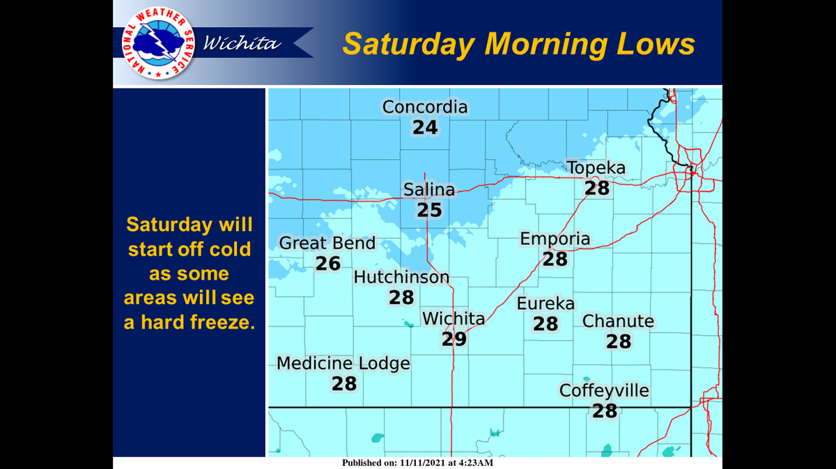The Wichita area could see its first hard freeze of the season on Saturday morning.