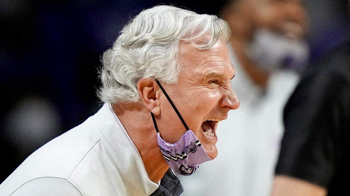 Kansas State head coach Bruce Weber talks to his players during the first half of an NCAA college basketball game against McNeese State Tuesday, Dec. 21, 2021, in Manhattan, Kan. (AP Photo/Charlie Riedel)