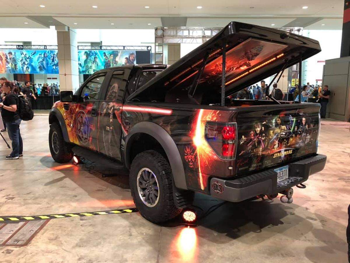 Trey Laymon’s custom “Star Wars” truck has a replica of Han Solo in carbonite inside the truck bed. It also now has Harrison Ford’s signature.