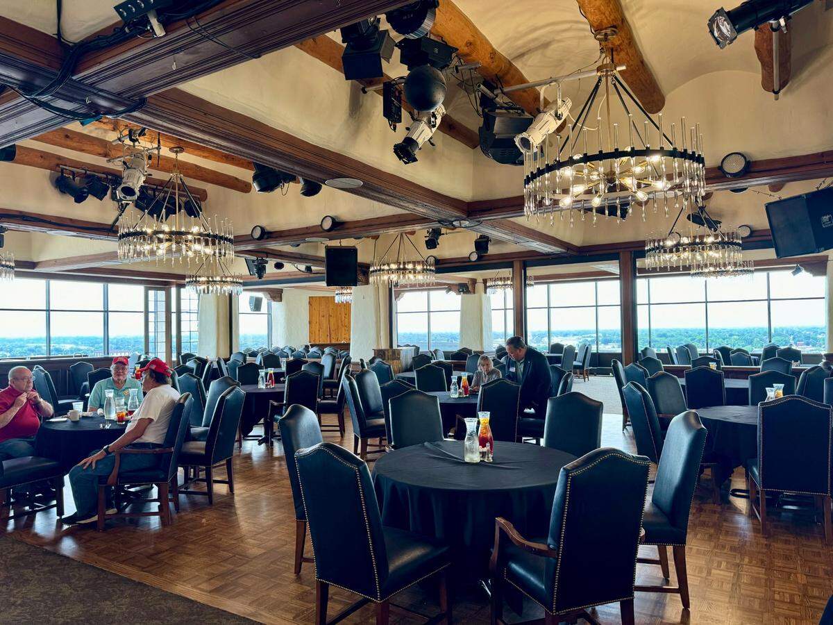 The main room at The Petroleum Club, pictured here with its new chandeliers, has seating for 215.