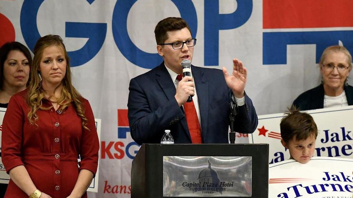 Jake LaTurner, Kansas state treasurer, addresses supporters at the Republican candidate watch party at the Capitol Plaza Hotel in Topeka Tuesday, Nov. 6, 2018.