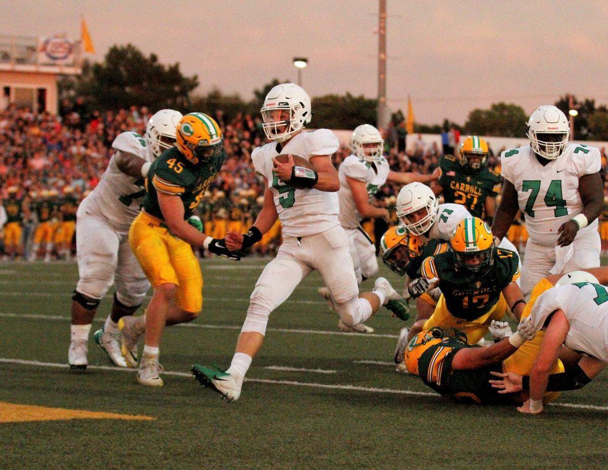 Derby senior Hunter Igo runs into the end zone in the Panthers’ 24-6 win at Bishop Carroll on Friday. (Sept. 21, 2018)