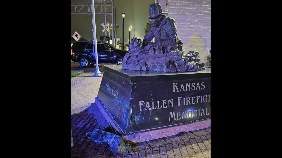 This statue at the Kansas Firefighters Museum in Wichita was damaged by a driver who was critically injured early Thursday morning.