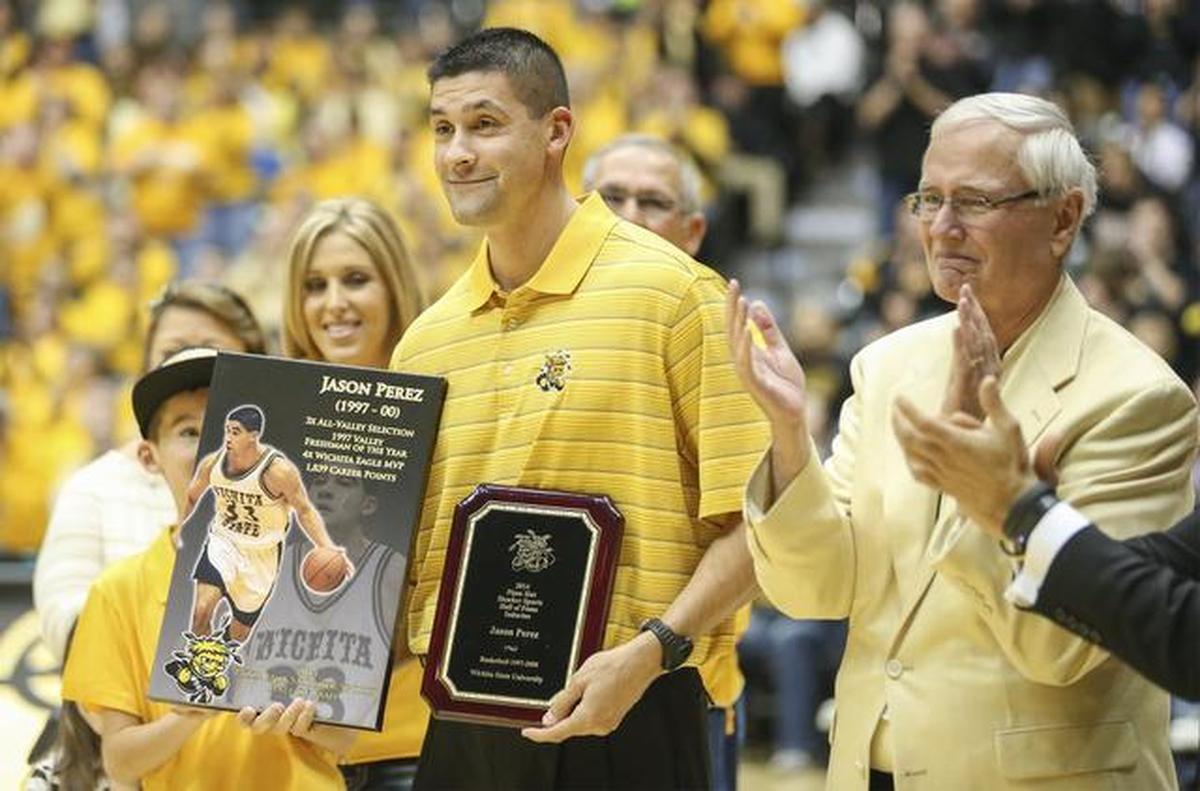 Former Wichita State player Jason Perez is inducted into the Wichita State University Hall of Fame during halftime at Koch Arena. (Jan. 18, 2014)