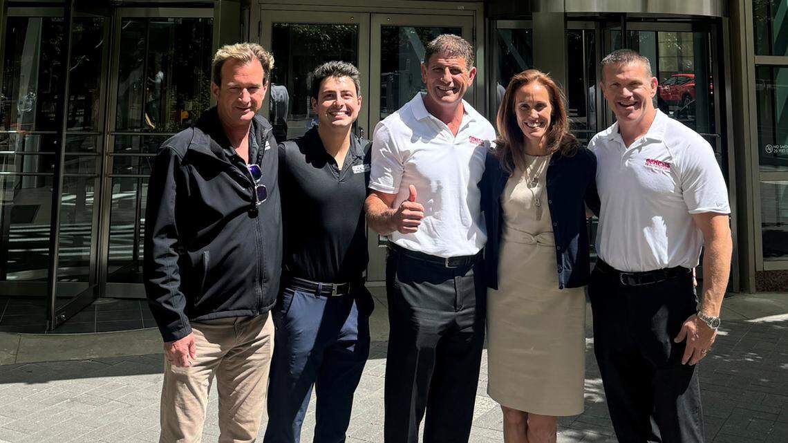 Rodney Steven II, center, pictured in Colorado this week after purchasing four clubs there and five more in New Mexico. With him are, from left, Mike Racine, Genesis vice president of operations; Rodney Steven III, Genesis regional manager; JoAnna Welle, COO of the Wellbridge Company, which sold the nine clubs; and Preston Petersen, Genesis regional vice president.