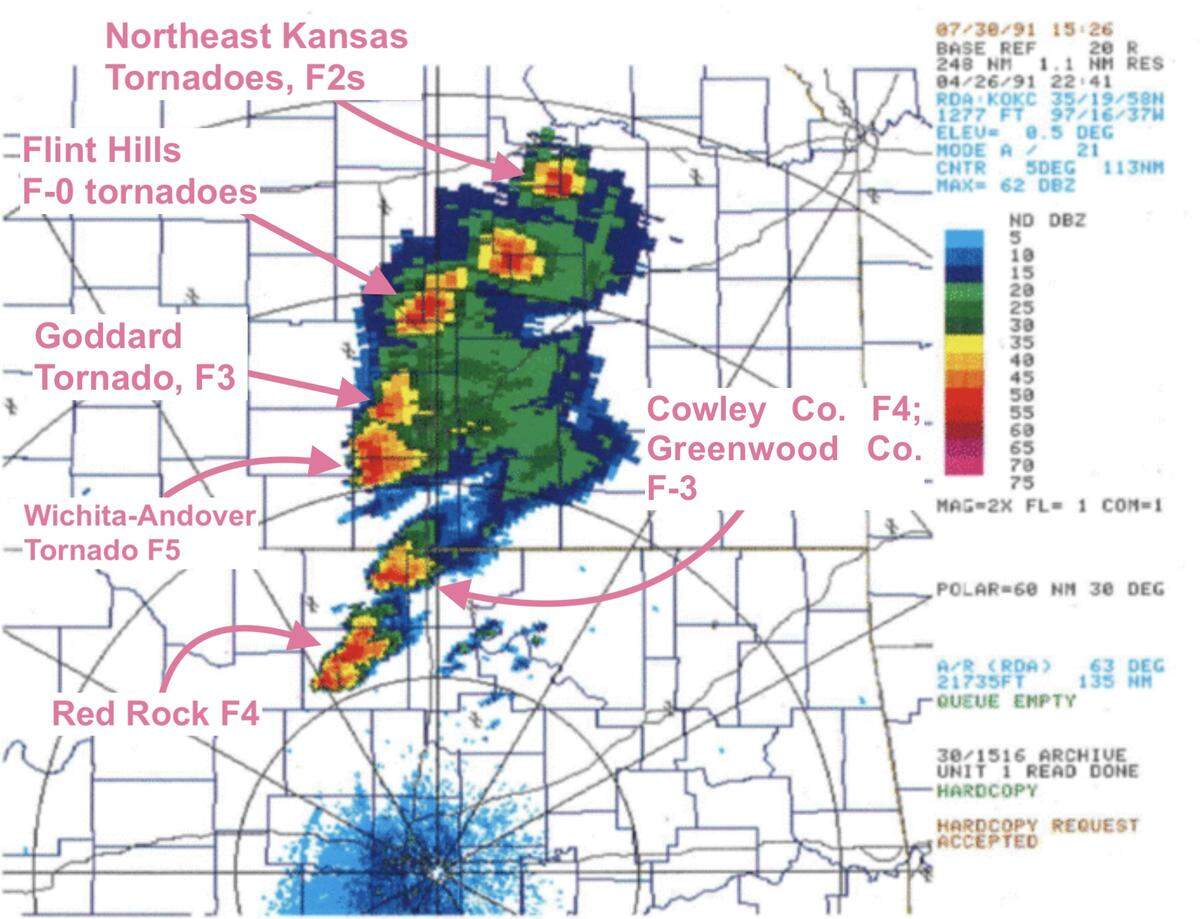 Each of the yellow-red “echoes” on these NEXRAD images from 5:41 p.m. April 26, 1991, are supercells. Mike Smith annotated the tornadoes each supercell produced. Wichita was literally in the middle of all of these as they moved northeast.