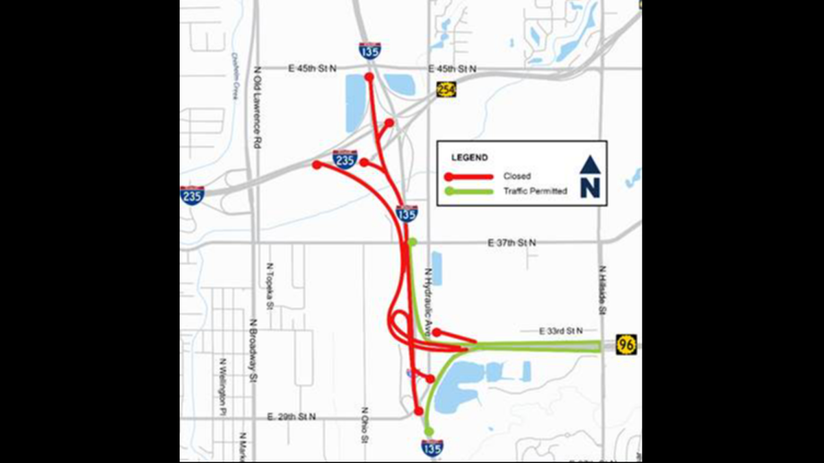 A map of the areas closed on Saturday until Sunday afternoon and a detour for I-135 north.