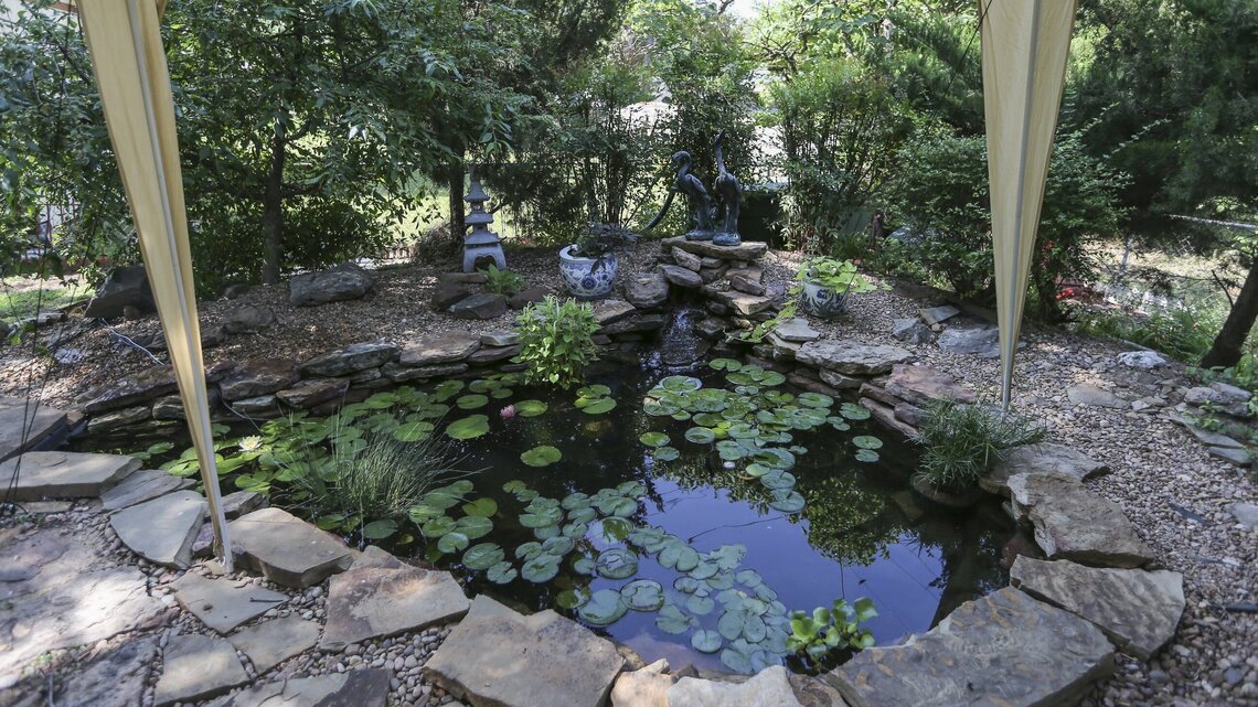 A soothing backyard pond in a Zen-like Asian garden