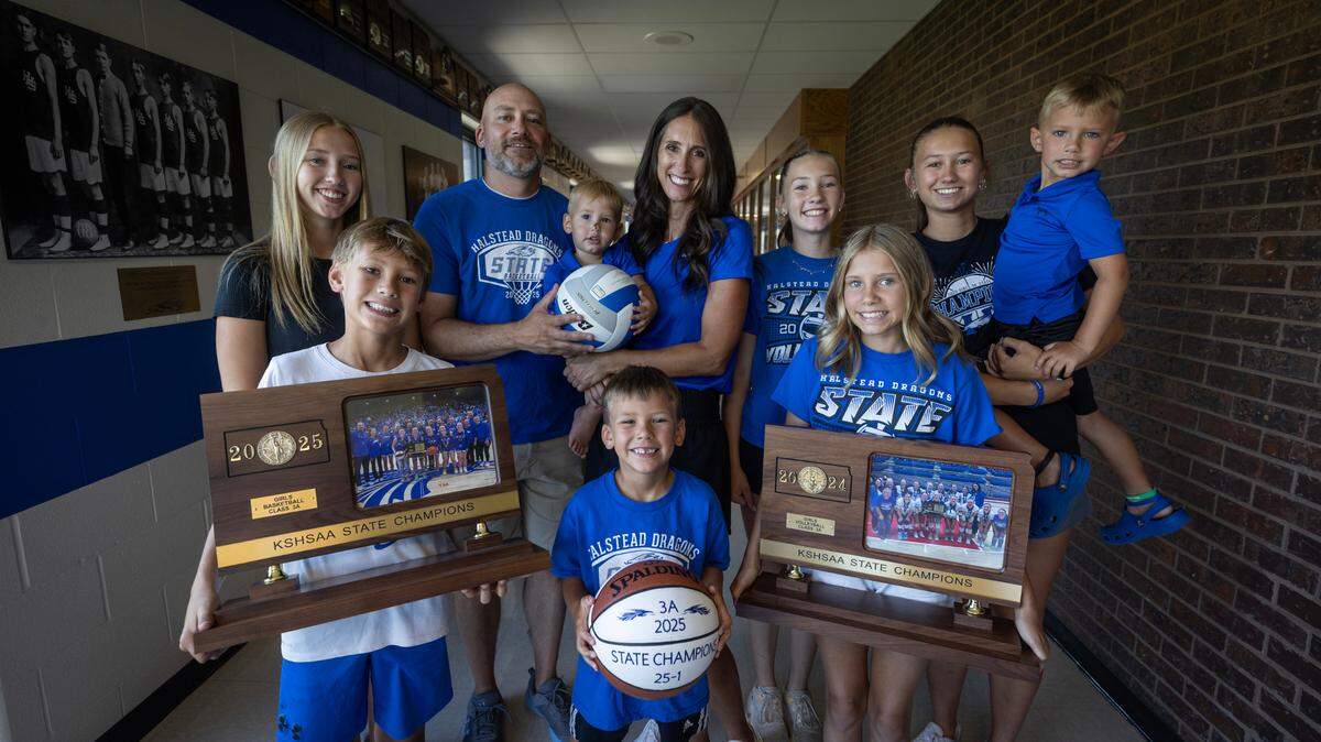 The Schutte family have used family and sports to overcome a family tragedy. Front row, from left: Durant, Desmond and Daya. Second row from left: Dalaina, Derek, Dean, Diana, Drihanna, Dominique and Darnell. 
Derek coaches girls basketball at Halstead while Diana is the volleyball coach. Both coached their teams to 3A state titles this past school year. In 2013, their 3-year-old son Dyron was killed in a car crash near Maize. 