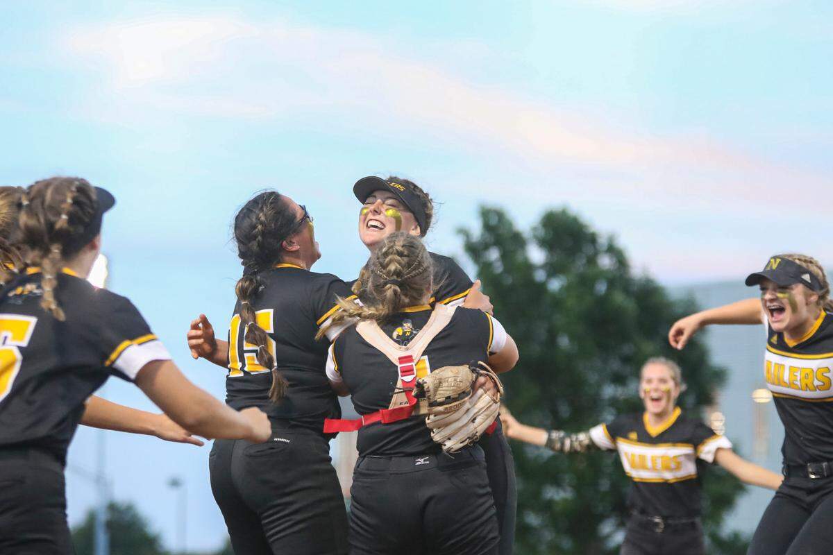 Newton celebrates their win against Overland Park Blue Valley Southwest in the 5A quarterfinals on Friday, May 27, 2022.