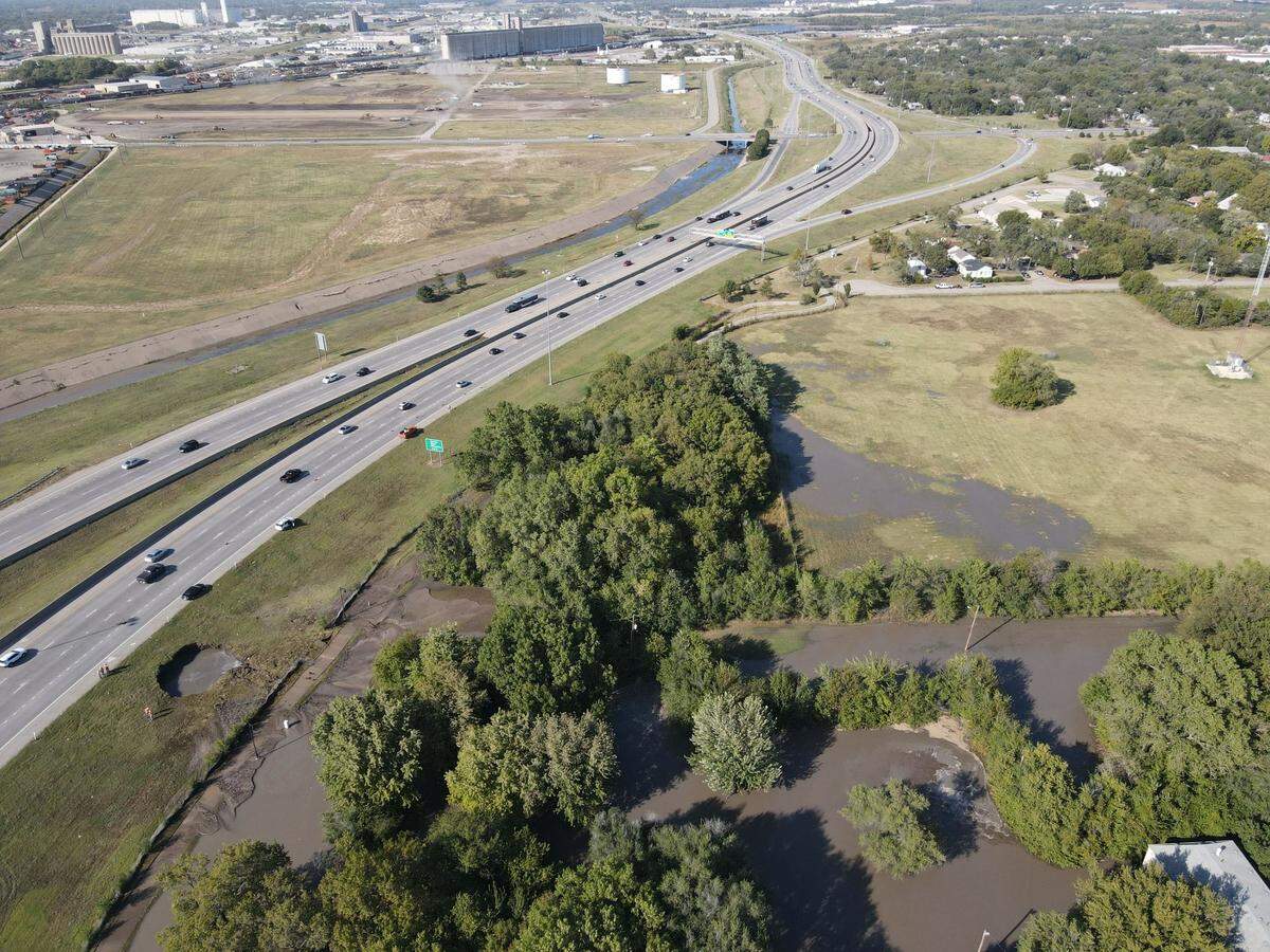 An aerial photo of a water main break at 17th and Hillside.