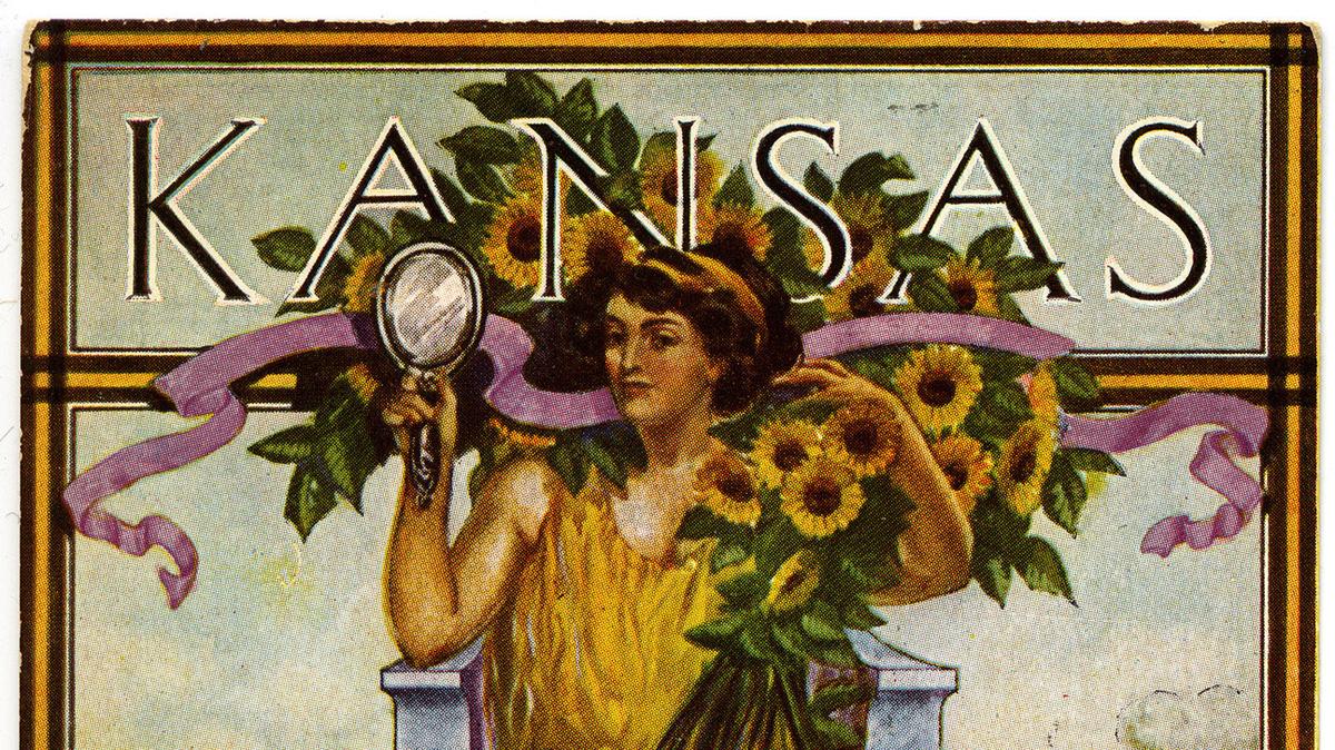 This illustration was designed for Kansas Day on Jan. 29, 1912 as part of a publicity campaign. Coy Avon Seward, was a native Kansan, known across the nation. He was raised in Chase but moved to Wichita to develop a career as an artist. He would later become one of 11 founders of Birger Sandzen’s Prairie Print Makers, which during the 1930s produced some of the nation’s finest art prints. In 1912, the illustration was mass produced as a postcard encouraging people to come to Kansas. Special Collections and University Archives, Wichita State University Libraries http://specialcollections.wichita.edu