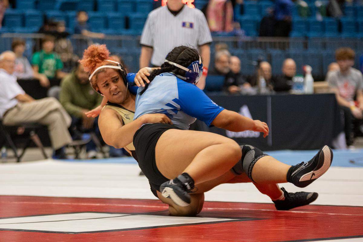 Maize South senior Meya Howell makes a move in her championship match at the Class 6-5A state tournament at Hartman Arena this past Saturday. Howell won her first title after losing in the state finals twice.