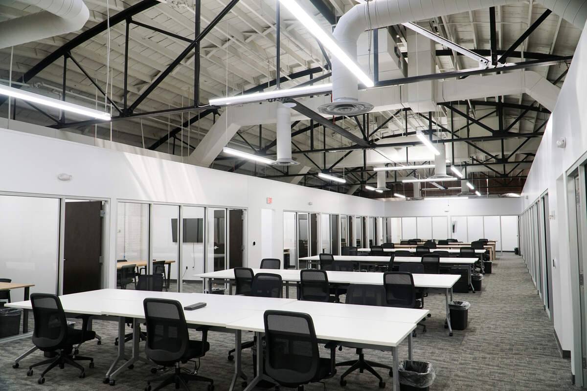 In January 2020, the new Groover Labs technology hub officially opened in the former Printing Inc. space downtown. In the middle of the building is a variety of rentable space, shown here, from hot seats, dedicated desks and offices to conference rooms. Everything is available on a month-to-month lease. Prices will soon be posted at grooverlabs.org.