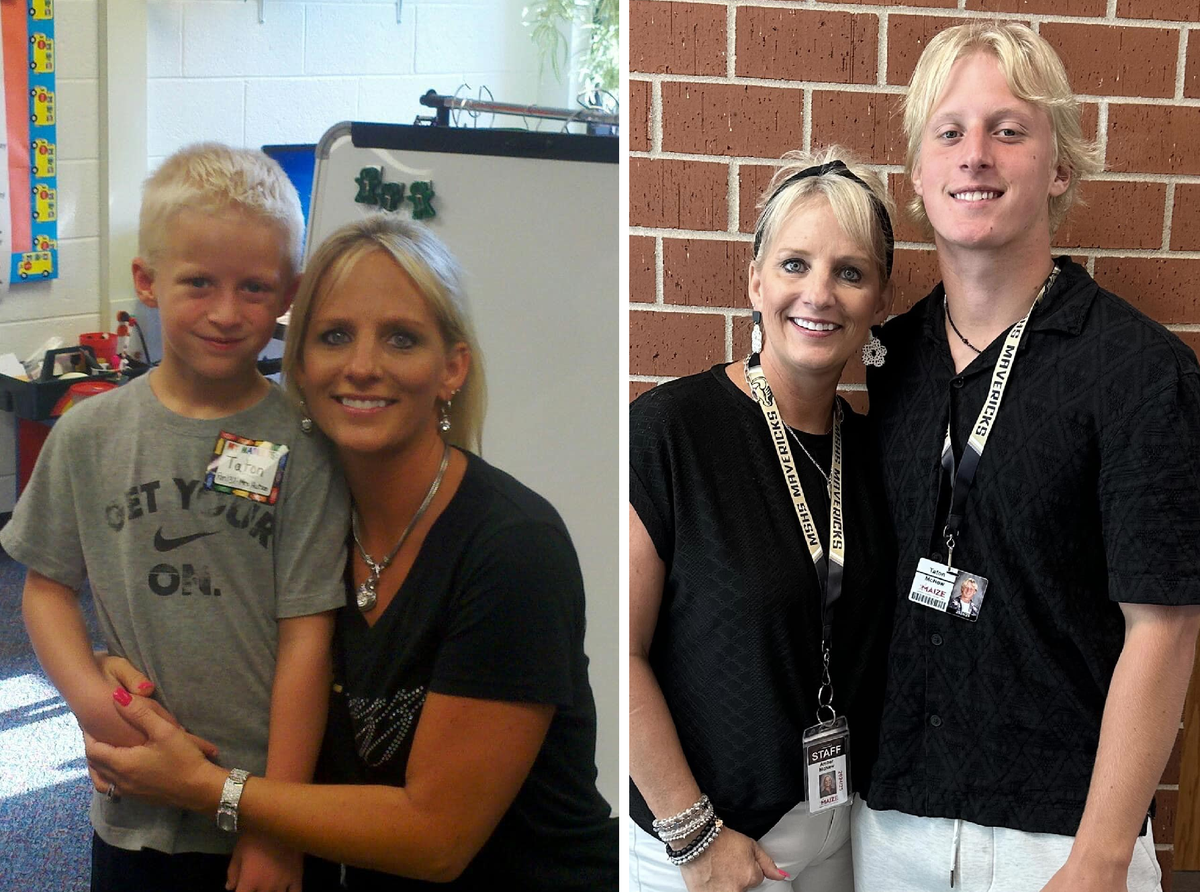 Tate McNew and his mother, Amber, pose for a picture on Tate’s first day of kindergarten and senior year of high school. Amber McNew has been a business teacher at Maize South since it opened in 2009.