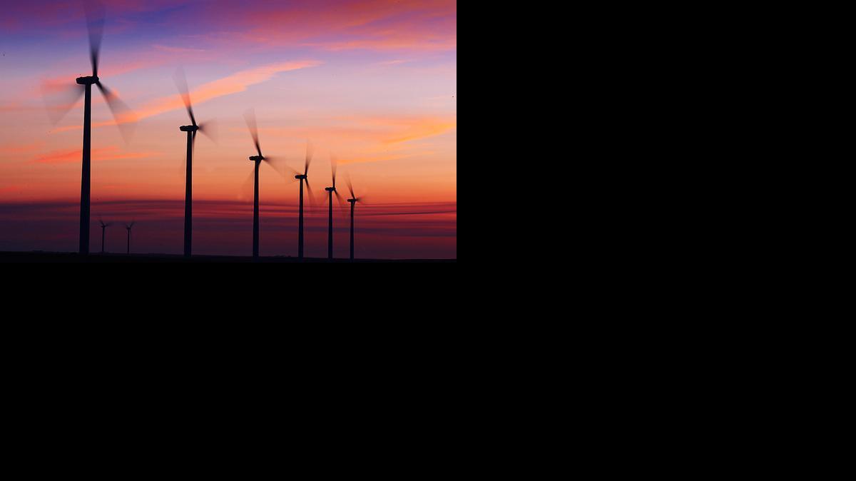 Elk River Wind Farm, about six miles south of Beaumont in the southeastern corner of Butler County, started operations in 2005. Each wind turbine tower is 262 feet tall, and blades are 125 feet long. (May 2, 2014)

