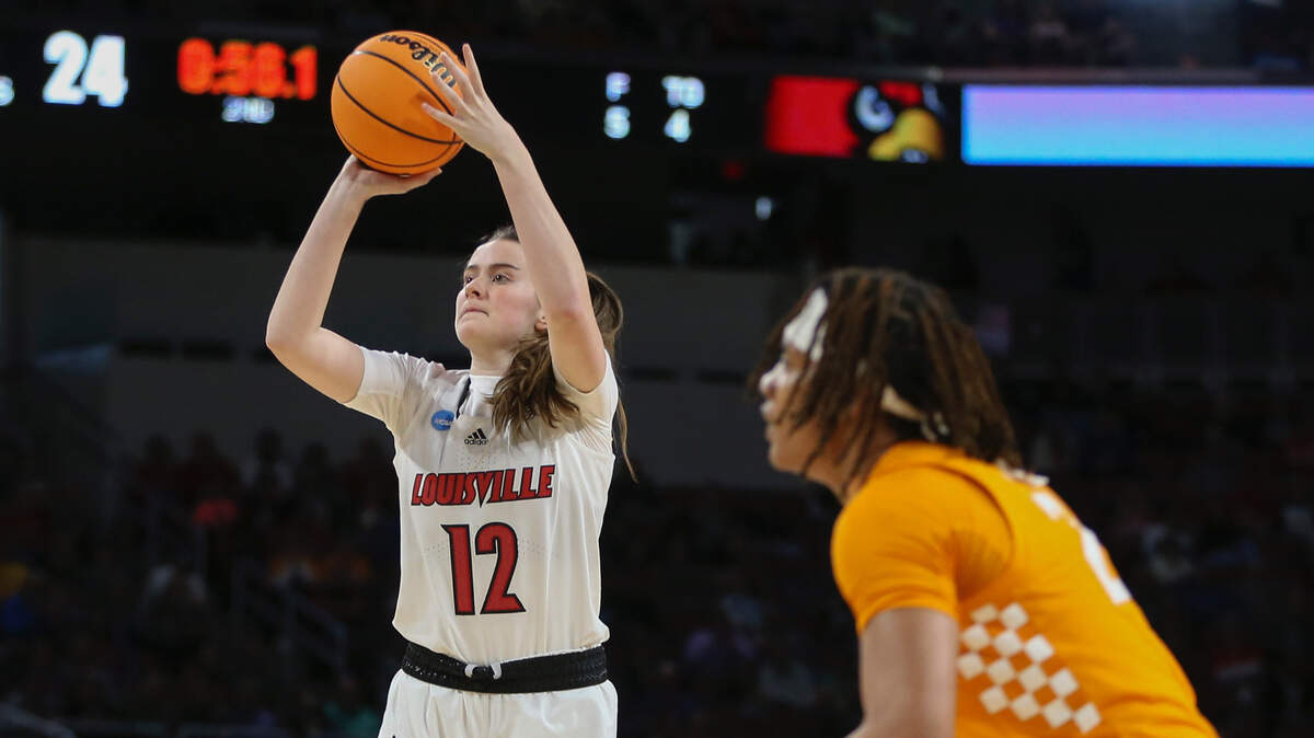 Louisville’s Payton Verhulst, a former Bishop Miege star, makes a shot against Tennessee just before halftime of their Sweet 16 game on Saturday.