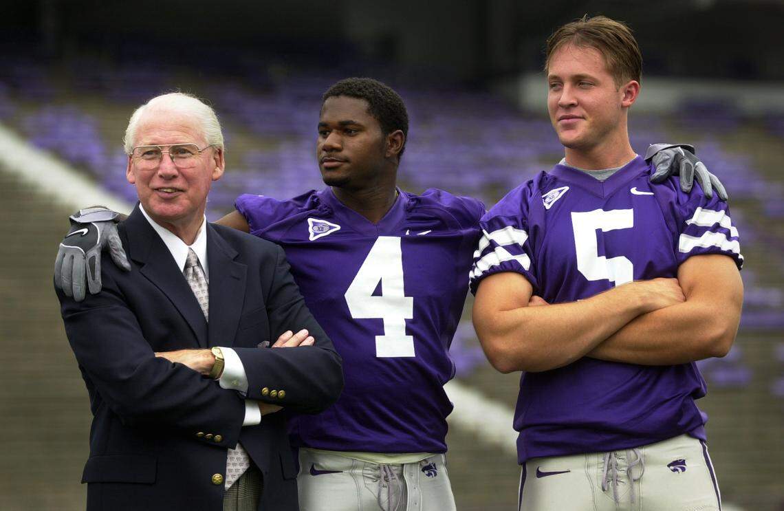 Kansas State Wildcats head coach Bill Snyder, left, senior cornerback Terence Newman, center, and quarterback Marc Dunn, hold the keys to the success of the Wildcats in 2002 after a disappointing season last year. (David Eulitt/Kansas City Star)