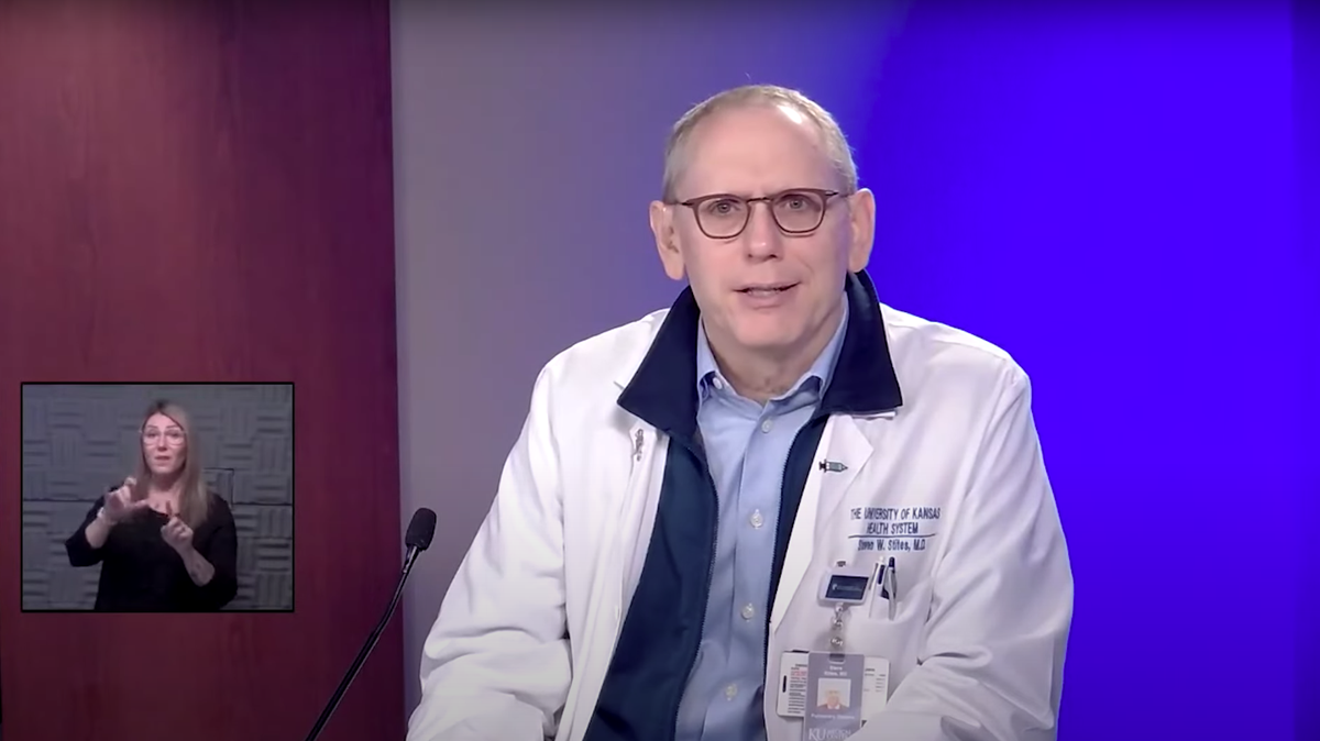 Dr. Steve Stites, chief medical officer at The University of Kansas Health System, speaks during a Monday morning media briefing on the COVID-19 pandemic. (March 1, 2021)