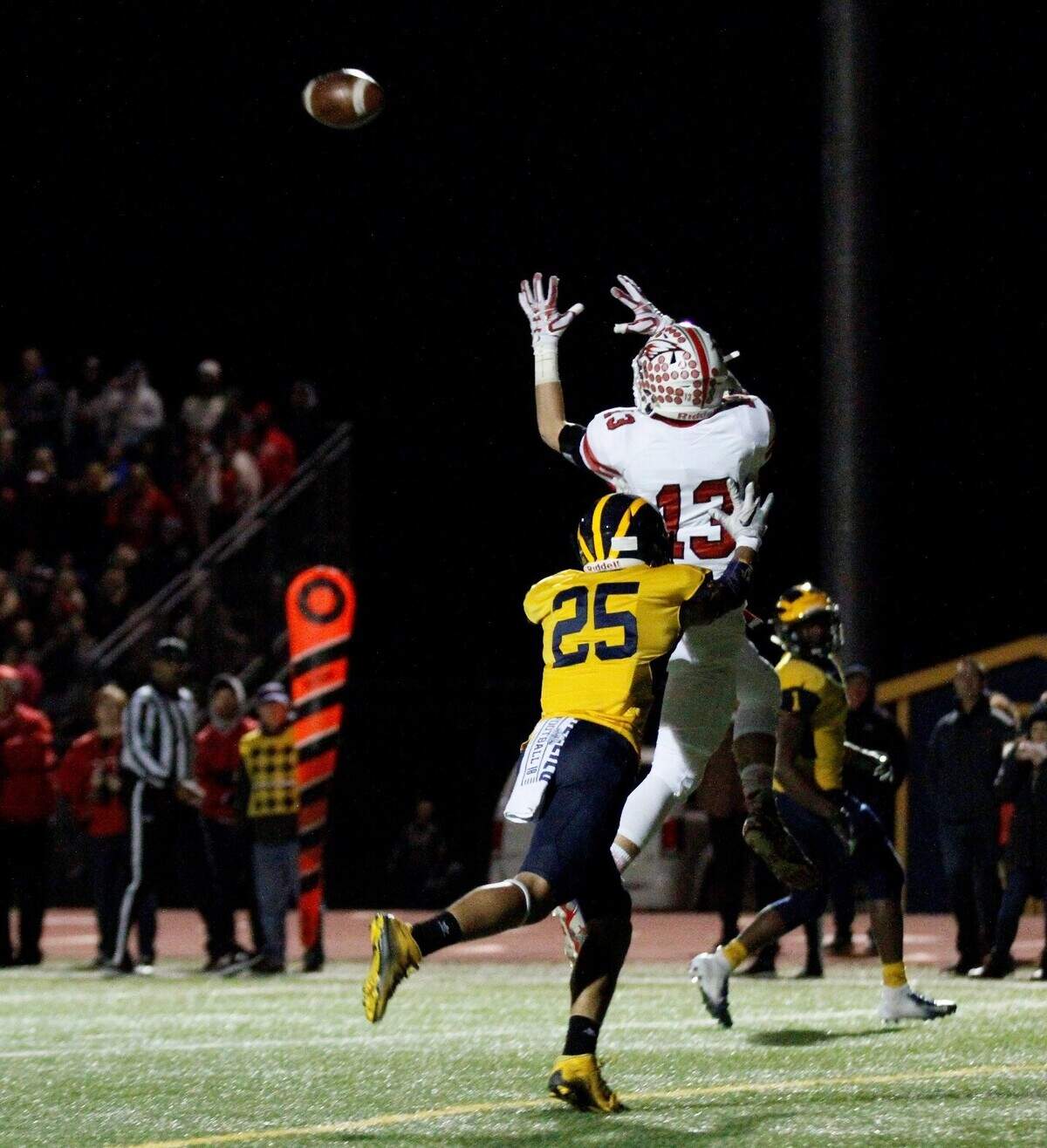 Maize receiver Jordon Helm goes up for a catch in the end zone during the Eagle’s state semifinal at Wichita Northwest on Friday. (Nov. 16, 2018)