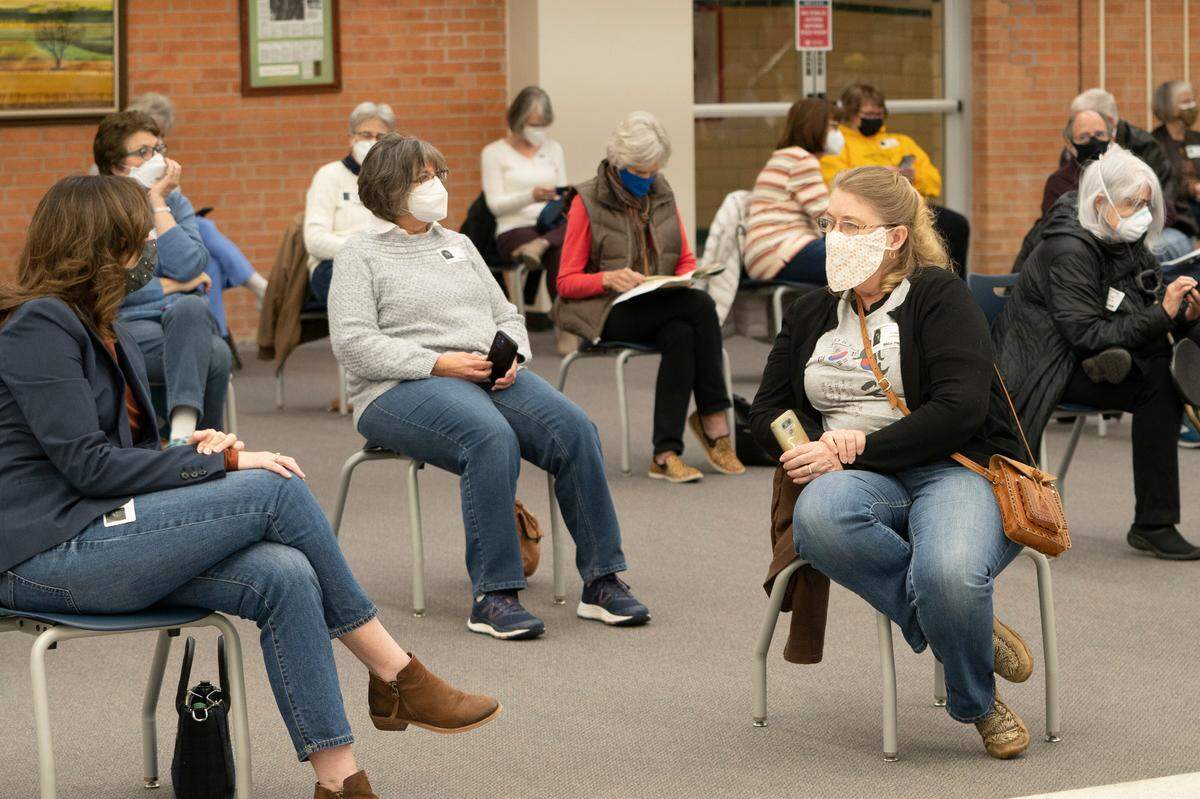 A large crowd gathered at the Alvin E. Morris Administrative Center for a USD 259 BOE meeting. The meeting was rescheduled when last week three board members did not wear masks. (January 18, 2022)