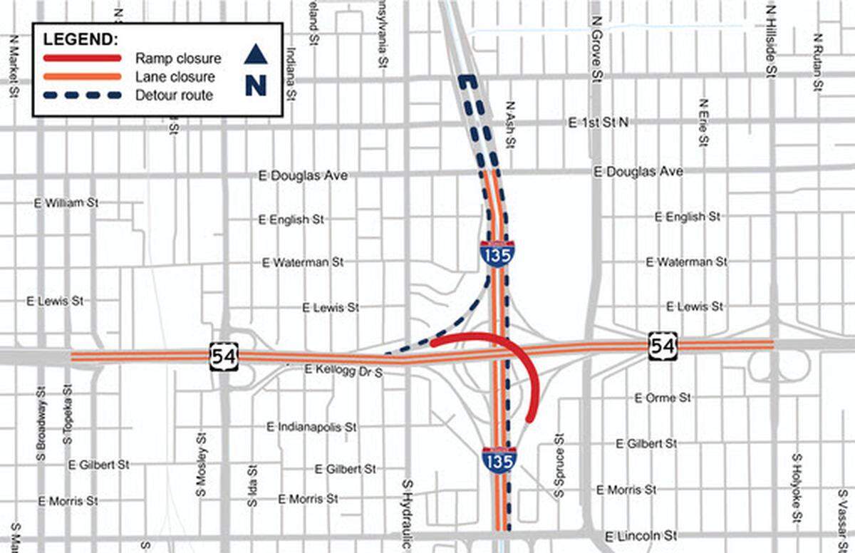 The Kansas Department of Transportation provided this map to show the I-135 to Kellogg ramp closure and recommended detour.