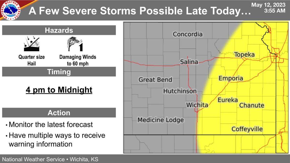 There is a possibility of severe weather east of Wichita on Friday afternoon. This map was sent out at 4 a.m. A meteorologist said late Friday morning that the chance of severe weather has moved further east.
