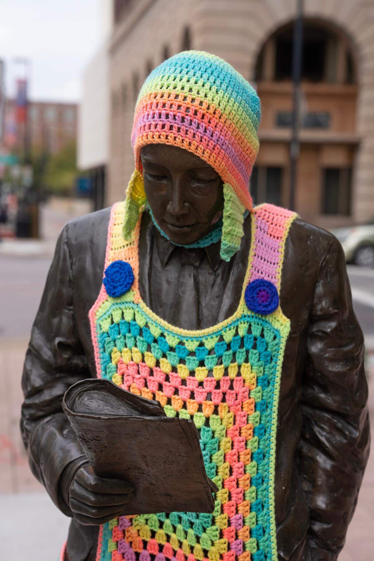 “Walter’s” hood disappeared overnight on Wednesday. Crochet artist Tamara Gonzales worries his intricate overalls could go next.