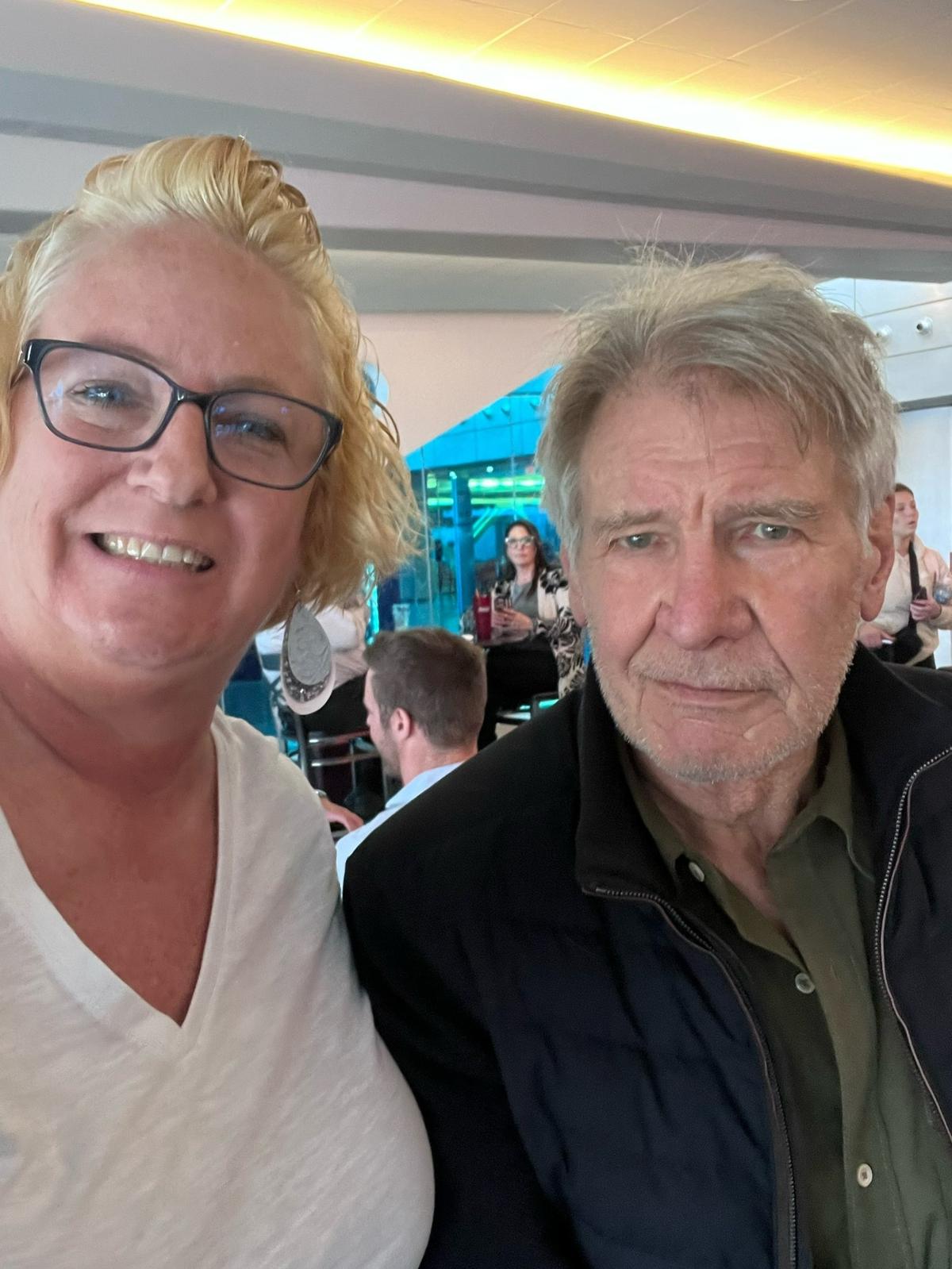 Jenna Norris says she paid for Harrison Ford’s meal when she spotted him at a restaurant in Wichita’s Eisenhower Airport on Thursday.