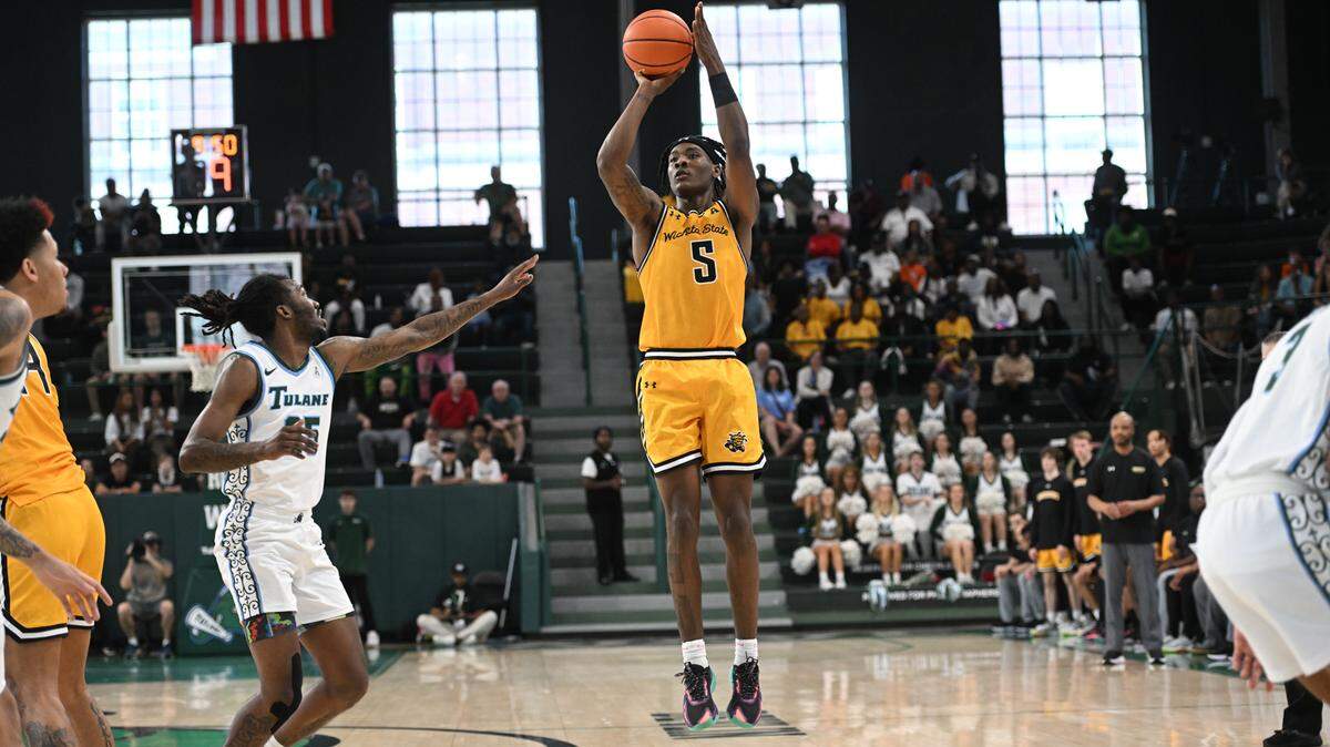 New Orleans native Jaron Pierre drills a 3-pointer in the first half of Wichita State’s game at Tulane on Sunday afternoon.