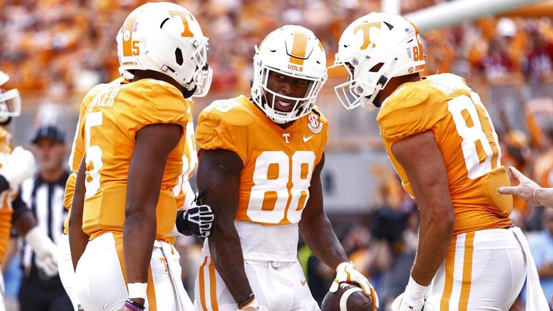 Tennessee tight end Princeton Fant (88) celebrates with teammates scoring a touchdown during the first half of an NCAA college football game against Alabama, Saturday, Oct. 15, 2022, in Knoxville, Tenn. (AP Photo/Wade Payne)