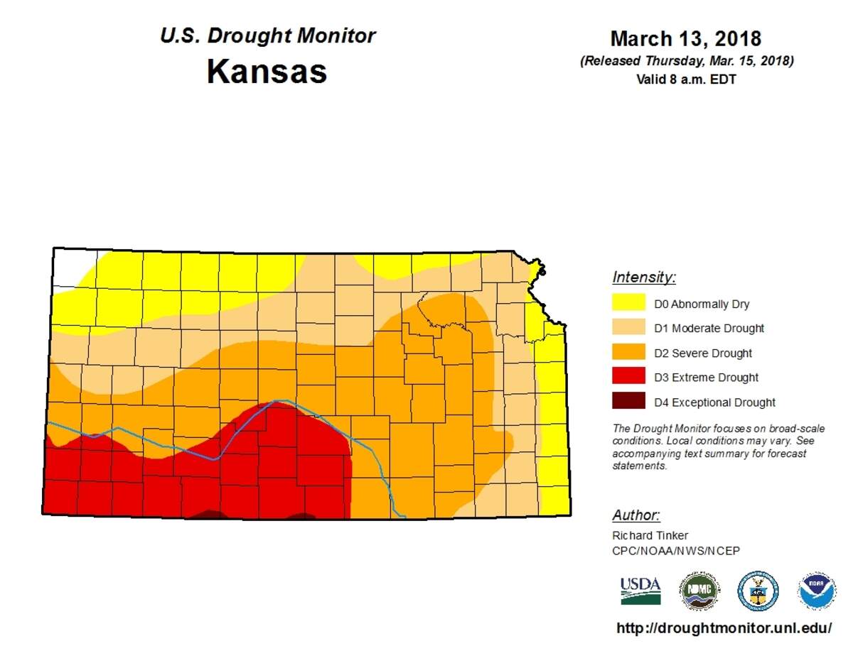 As of March 13, nearly 20 percent of the state was enduring either an extreme or exceptional drought, stretching along and south of the Arkansas River from just west of Wichita to the Colorado line.