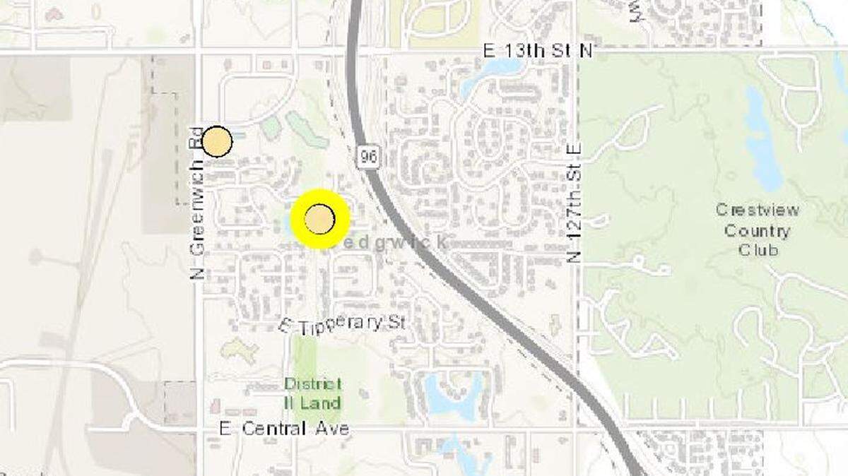 The Kansas Geological Survey reported an earthquake with an epicenter in east Wichita on Thursday and Friday. The dot highlighted in yellow is Friday’s earthquake.