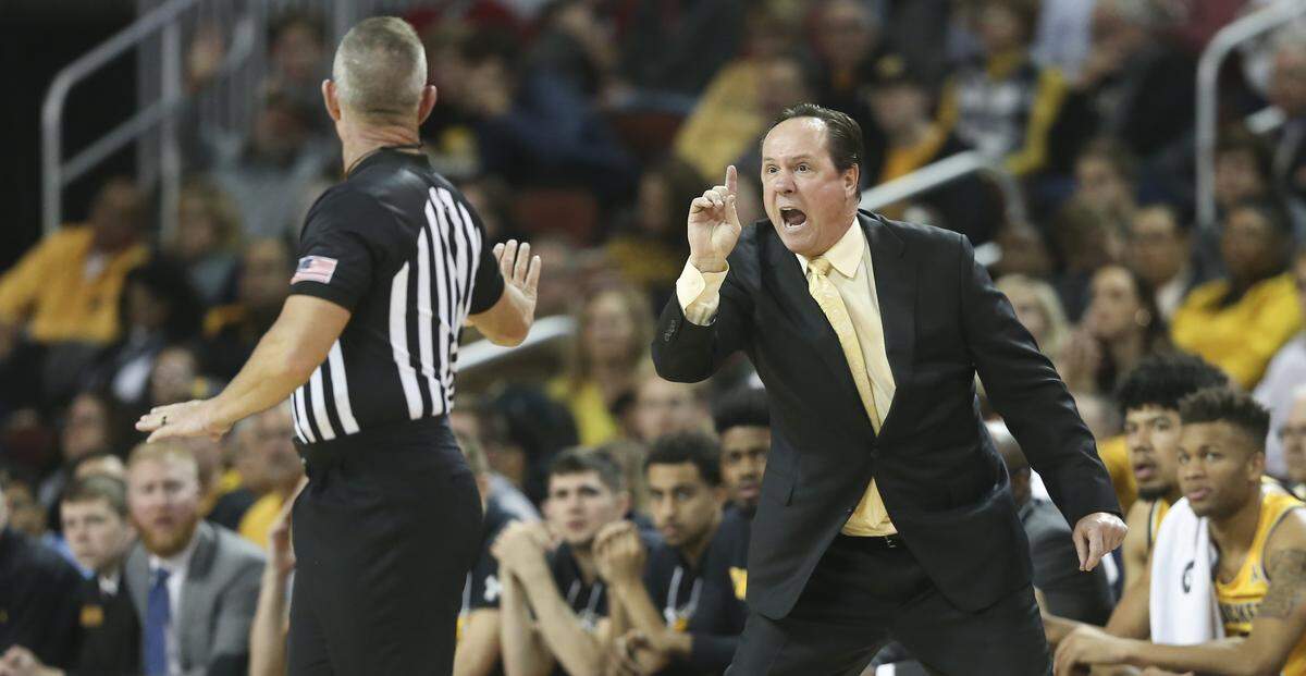 Wichita State coach Gregg Marshall argues a call with the referee during the first half against Oklahoma at Intrust Bank Arena.