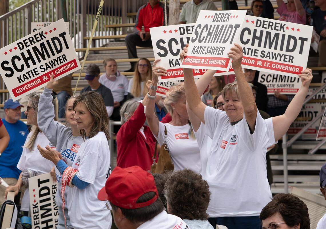 Kansas Attorney General Derek Schmidt supporters cheer during the debate with Kansas Governor Laura Kelly at the Kansas State Fair in Hutchinson on Sept. 10, 2022.