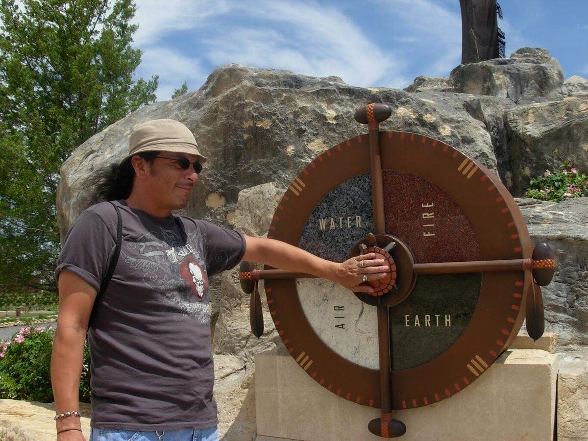 James Rangel Jr., shown by the Keeper of the Plains, was of Mexican and American Indian descent. “He was proud of his heritage,” said his daughter Olivia Borland.