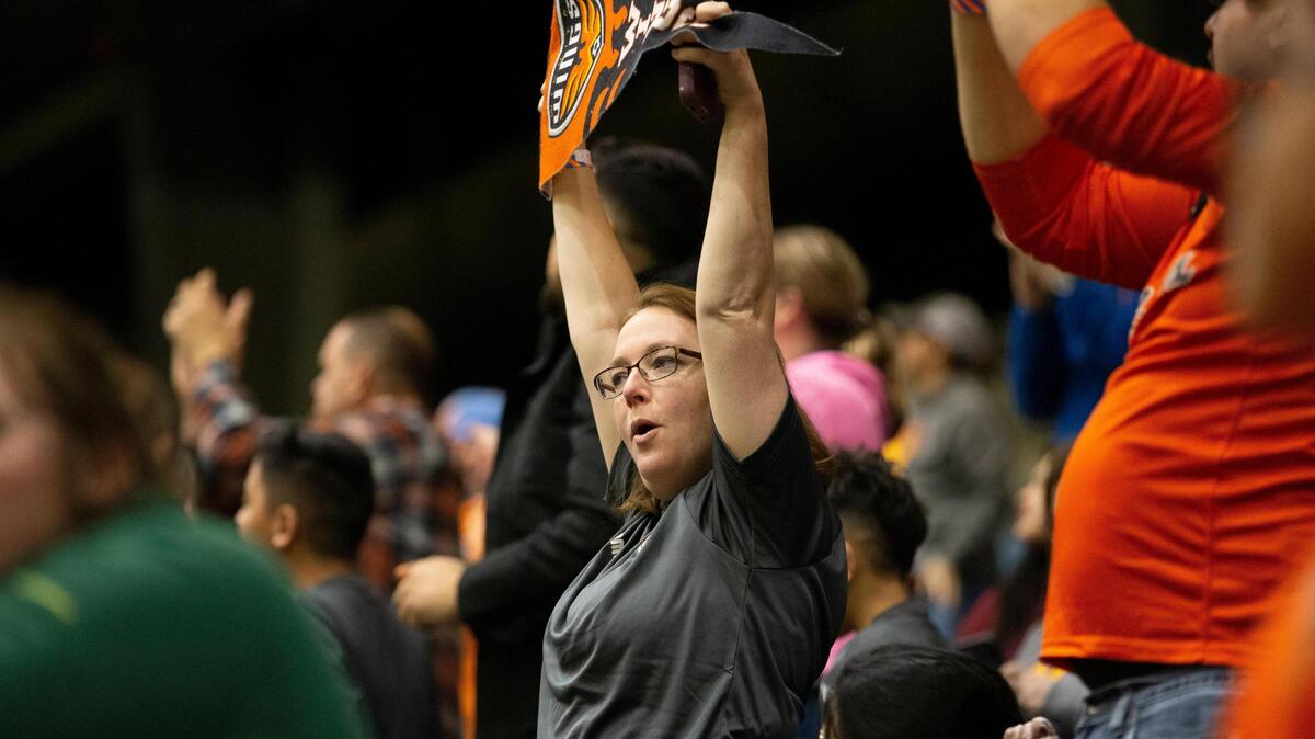 Wings fans celebrate after they score against New Mexico in the third period at Hartman Arena Sunday.