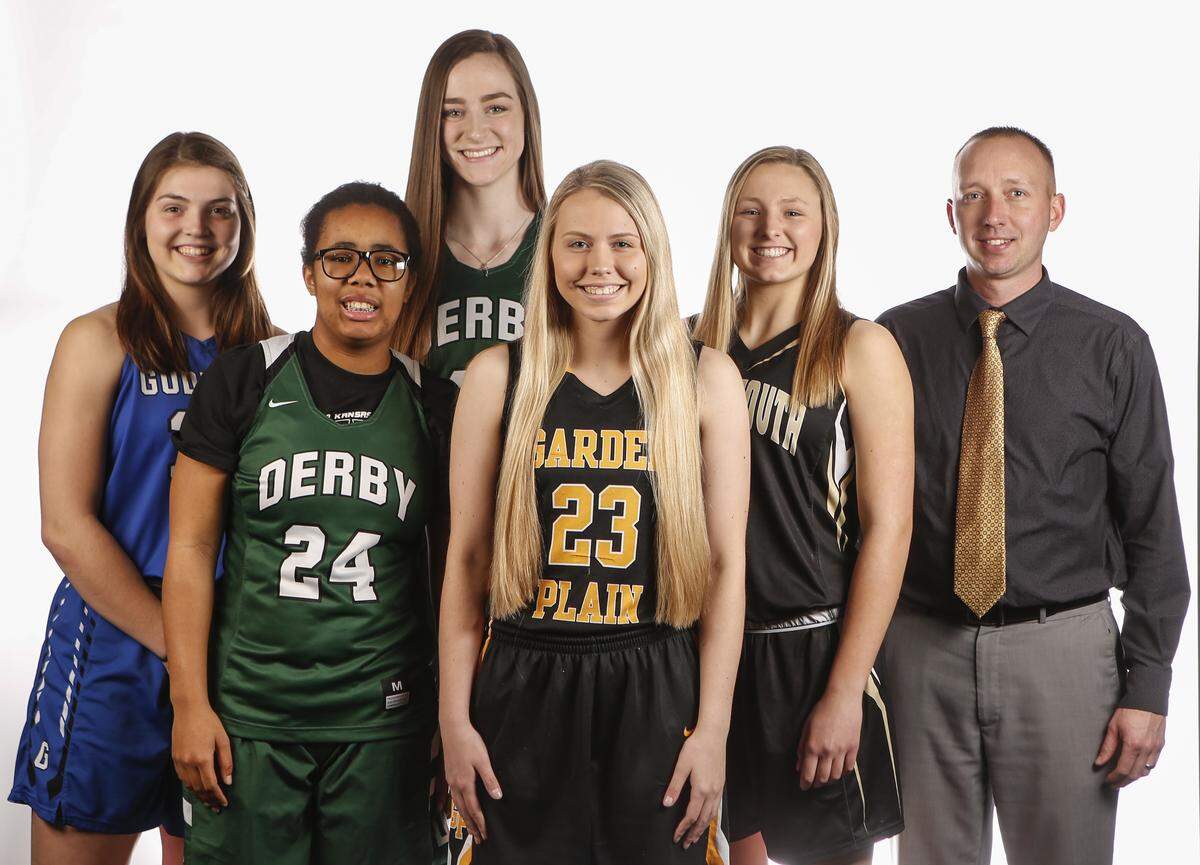 From Left: Kade Hackerott, Goddard; Tor’e Alford, Derby; Kennedy Brown, Derby; Lauren Danahy, Garden Plain; Katie Wagner, Maize South. Coach Kody Kasselman, Garden Plain. Wichita Eagle’s All-Metro team.