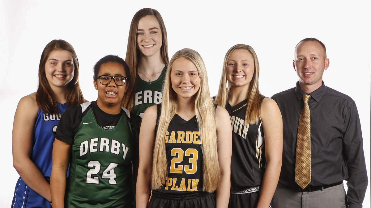 From Left: Kade Hackerott, Goddard; Tor’e Alford, Derby; Kennedy Brown, Derby; Lauren Danahy, Garden Plain; Katie Wagner, Maize South. Coach Kody Kasselman, Garden Plain. Wichita Eagle’s All-Metro team. 