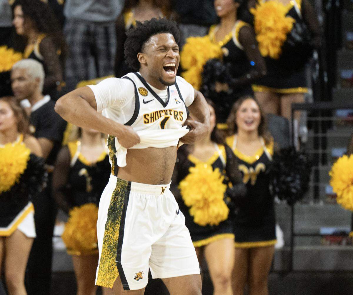 Wichita State’s Kenyon Giles reacts at the end of the game against Milwaukee. He scored 24 points in the 75-58 win.