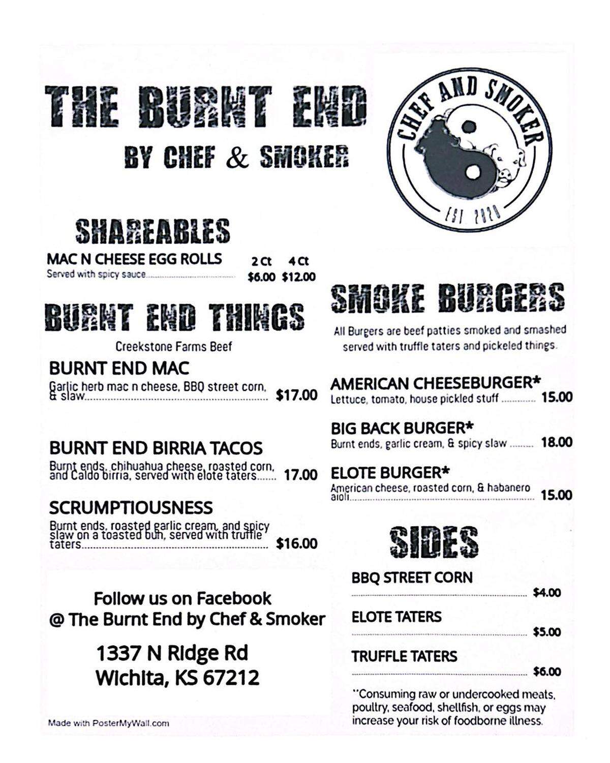 The menu that The Burnt End will serve when it’s parked at 13th and Ridge