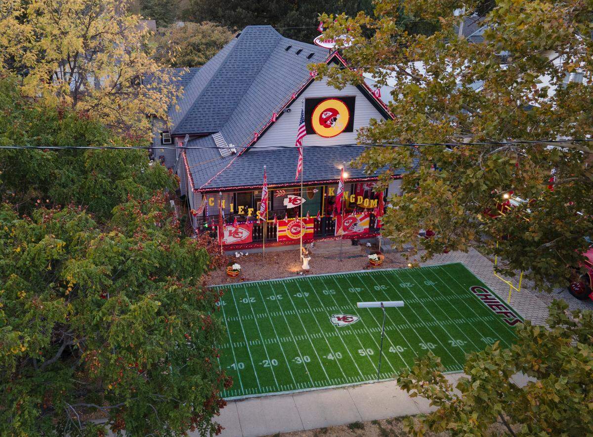 Dennis Basye made this field using a 3-D stencil he created to meticulously lay down the yard lines and Chiefs logo.