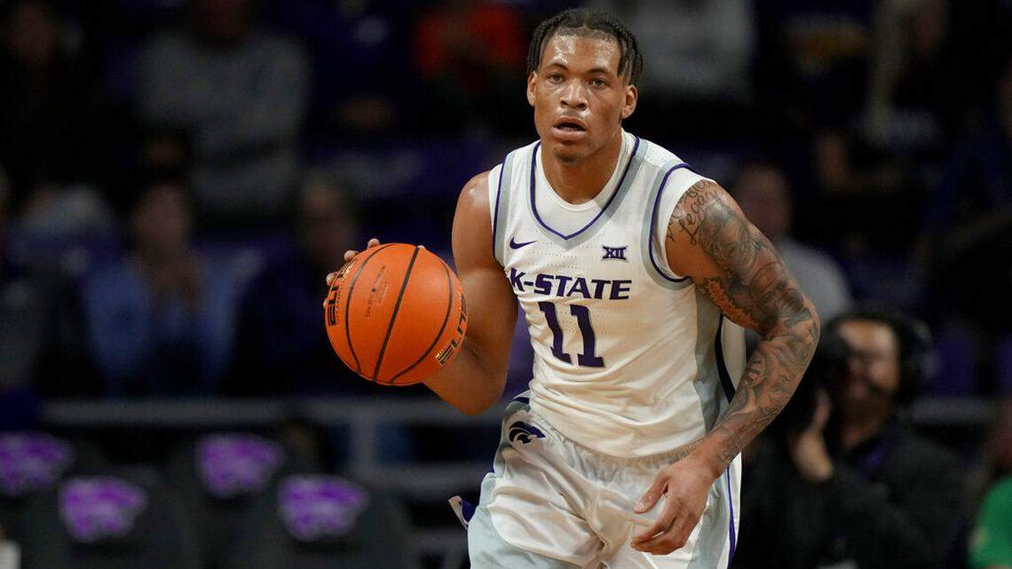 Kansas State forward Keyontae Johnson drives during the first half of an NCAA college basketball game against Texas-Rio Grande Valley Monday, Nov. 7, 2022, in Manhattan, Kan. (AP Photo/Charlie Riedel)