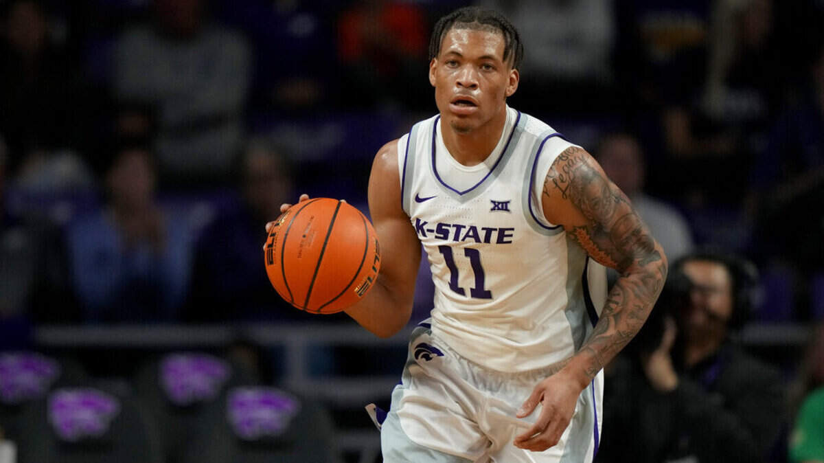 Kansas State forward Keyontae Johnson drives during the first half of an NCAA college basketball game against Texas-Rio Grande Valley Monday, Nov. 7, 2022, in Manhattan, Kan. (AP Photo/Charlie Riedel)